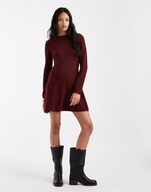 Vero Moda fit and flare knitted mini dress in dark burgundy, 2 of 4