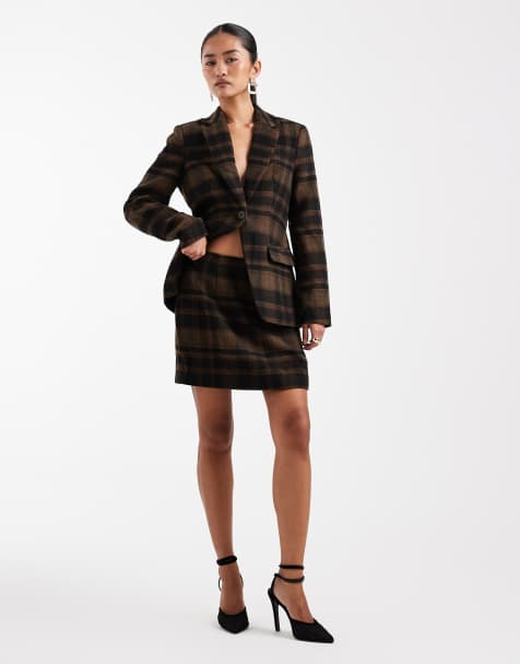 Vero Moda flannel blazer and mini skirt set in chocolate check print - view 1