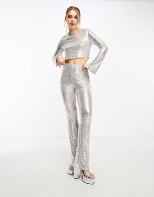 Vero Moda flare trouser co-ord in silver sequins