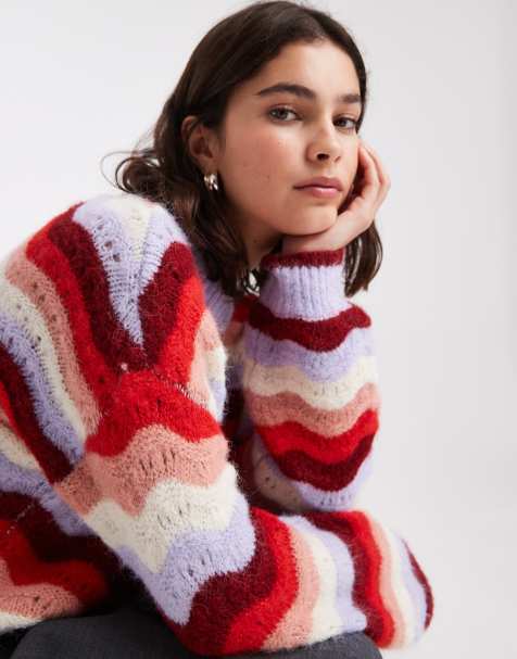 Vero Moda - Flerfarvet striktrøje med lilla striber og voluminøse ærmer - view 1