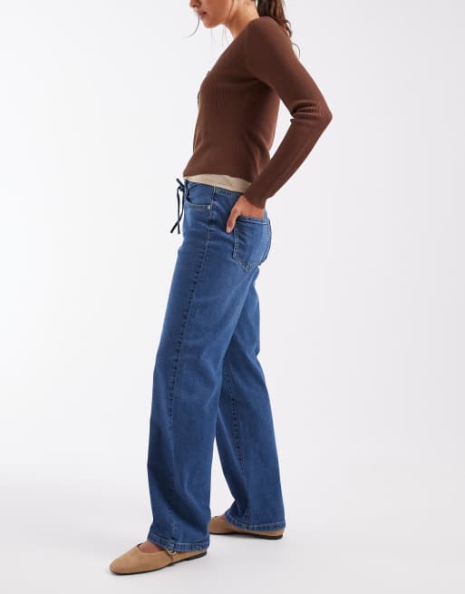 Vero Moda Flora jeans med hög midja och raka ben med bälte i mellanblå denim, 3 av 5
