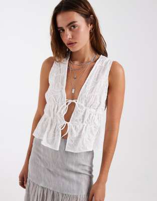 Vero Moda Floral Embroidered Tie Front Peplum Hem Blouse In White