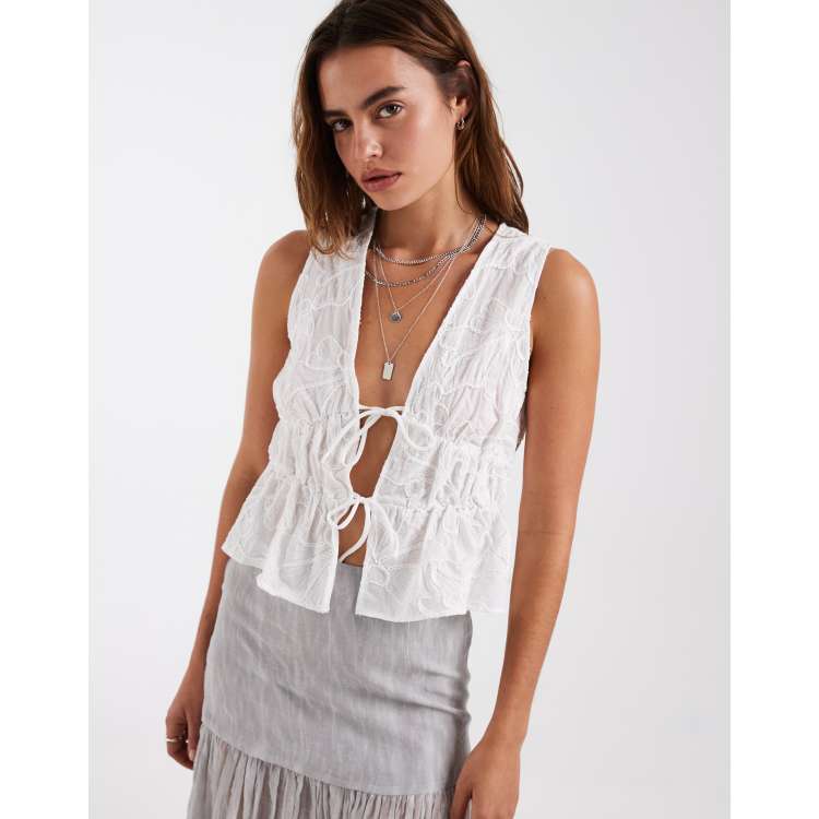 Vero Moda floral embroidered tie front peplum hem blouse in white