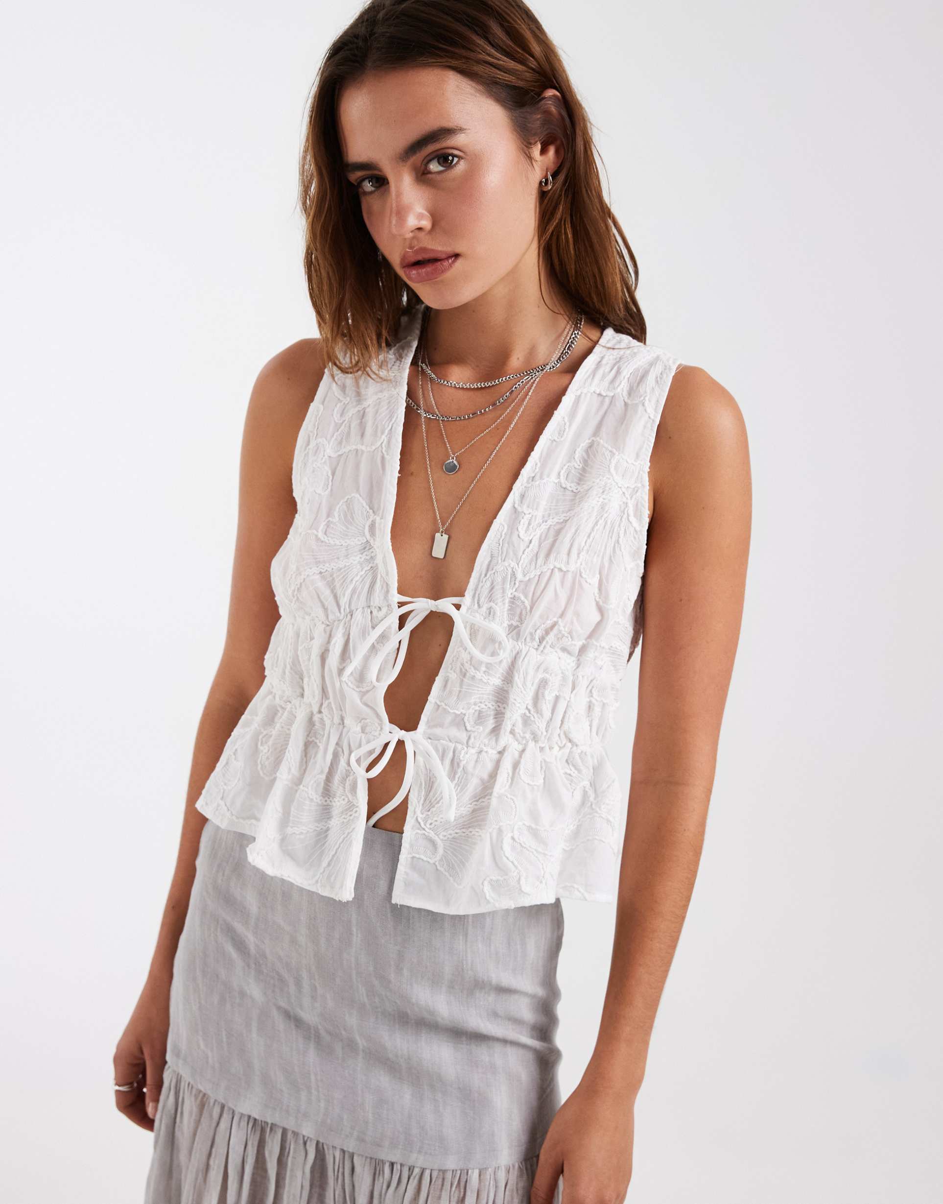 vero moda floral embroidered tie front peplum hem blouse in white