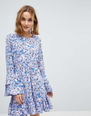 round neck ruffled sleeves floral dress