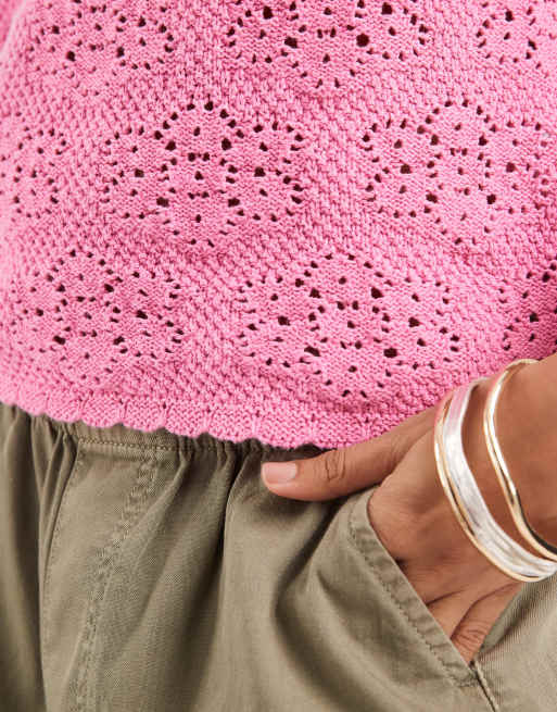 Vero Moda floral pointelle knitted cami top in pink, 3 of 4