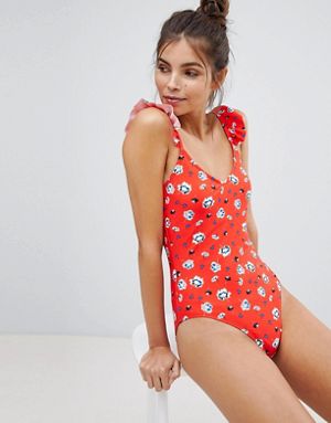 Vero Moda Floral Swimsuit With Ruffle Straps