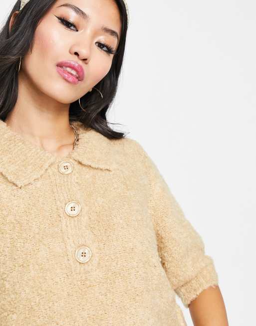 Vero Moda fluffy button through knitted top in camel, 3 of 4