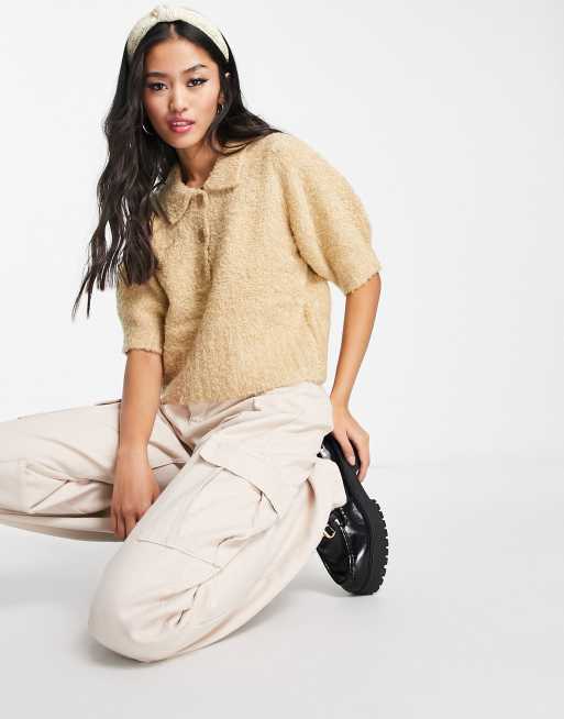 Vero Moda fluffy button through knitted top in camel, 4 of 4