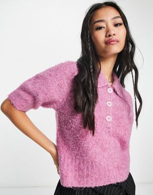Vero Moda fluffy button through knitted top in pink