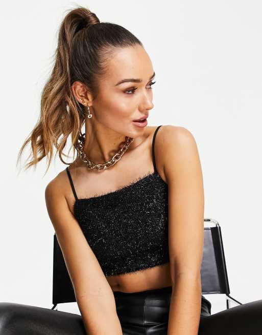 snak fiktion Droop Vero Moda fluffy crop top co-ord in black glitter | ASOS