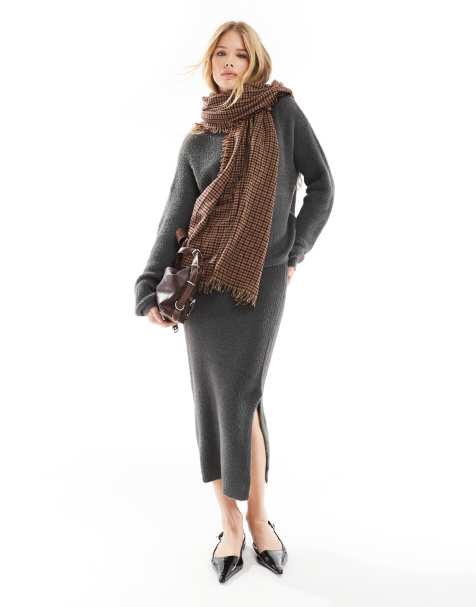 Vero Moda fluffy jumper and midi skirt co-ord in asphalt grey - view 1