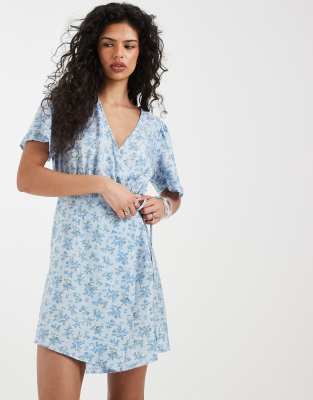 Vero Moda Flutter Sleeve Wrap Front Mini Dress In Blue