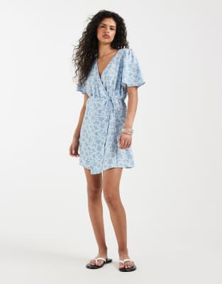 Vero Moda Flutter Sleeve Wrap Front Mini Dress In Blue