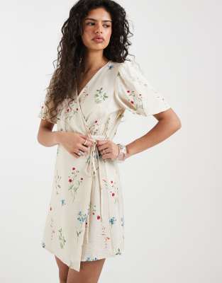 Vero Moda Flutter Sleeve Wrap Front Mini Dress In White