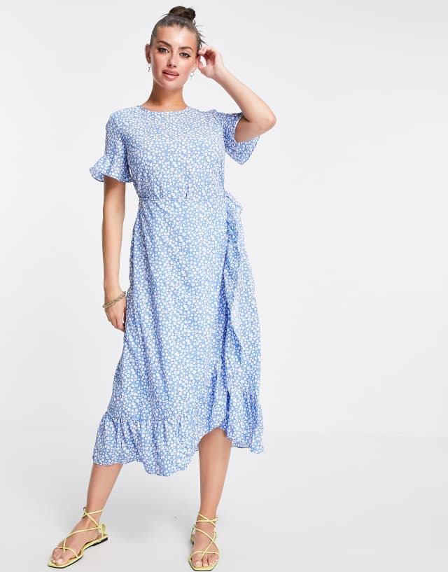 Vero Moda frill detail midi dress in blue spot