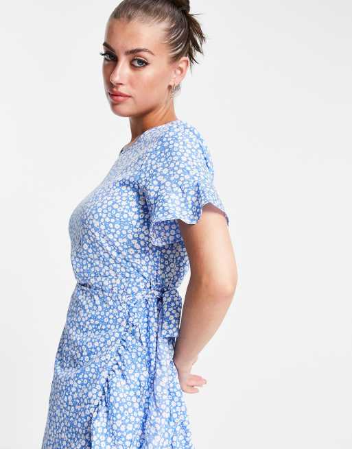 Vero Moda frill detail midi dress in blue spot, 2 of 4