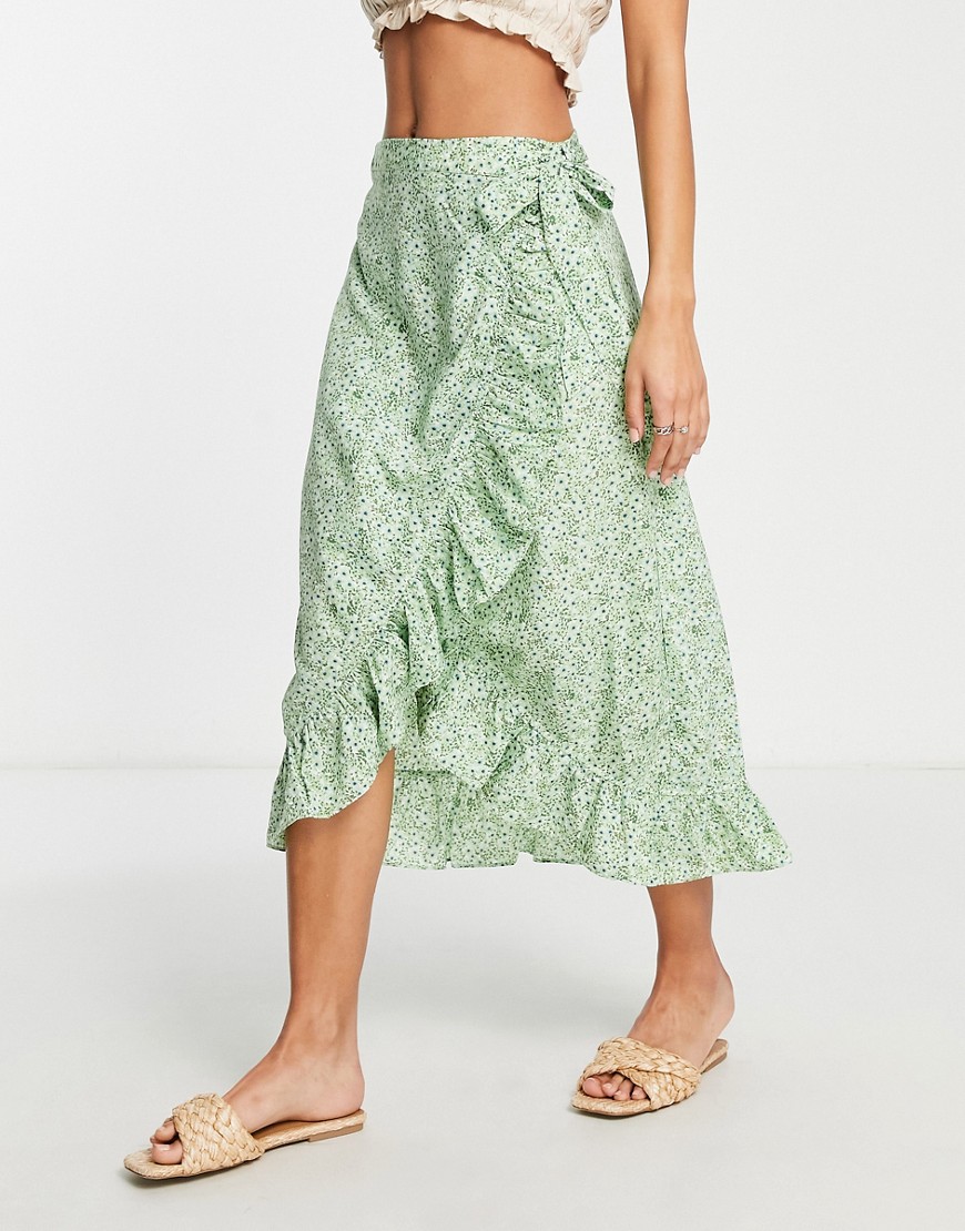 Vero Moda frill detail midi skirt in green floral