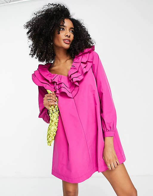 Vero Moda frill detail mini dress in bright pink