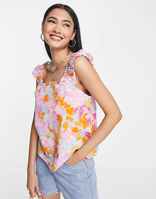 Vero Moda frill detail short sleeve blouse in bright floral