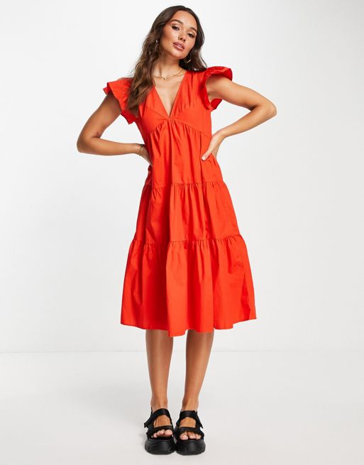 Vero Moda frill detail tiered midi dress in bright red | ASOS