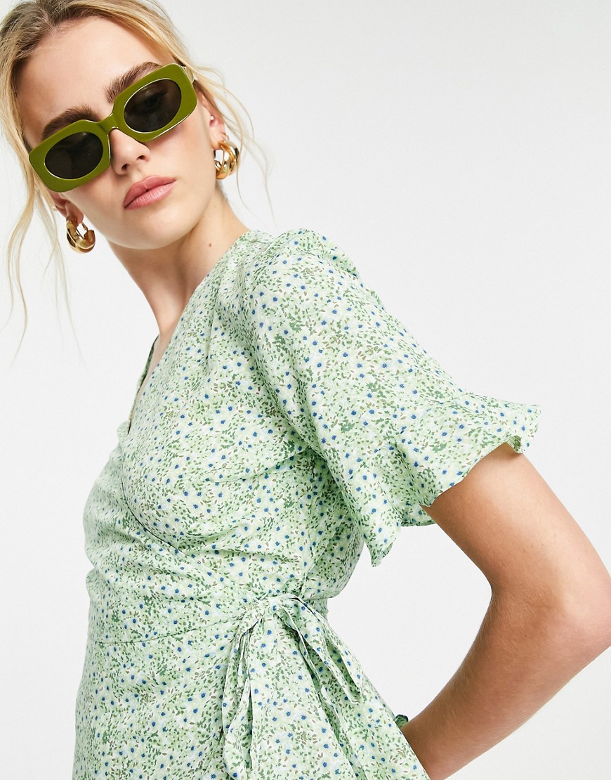 Vero Moda Frill Detail Wrap Front Blouse In Green Floral