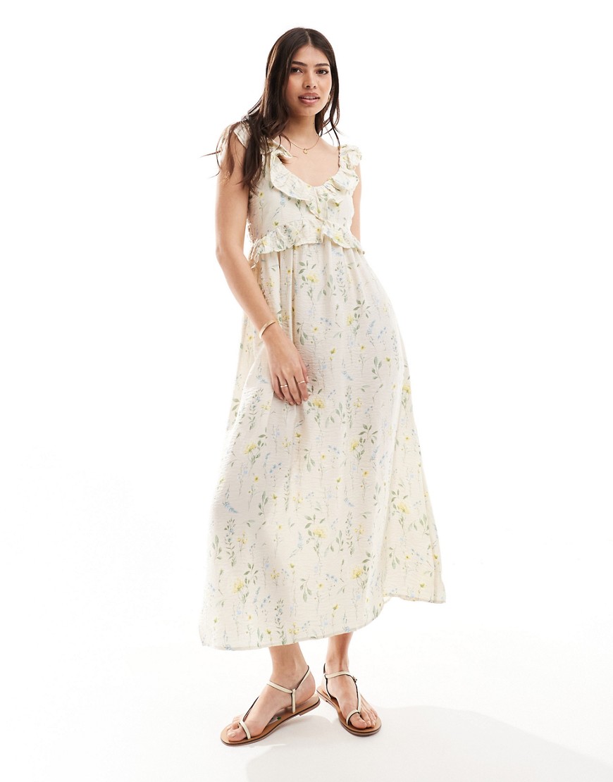 frill maxi dress with v neckline in delicate floral-White