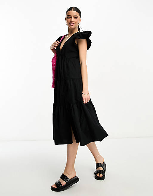 Vero Moda frill sleeve midi dress in black | ASOS