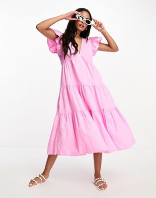 Vero Moda frill sleeve midi dress in pink