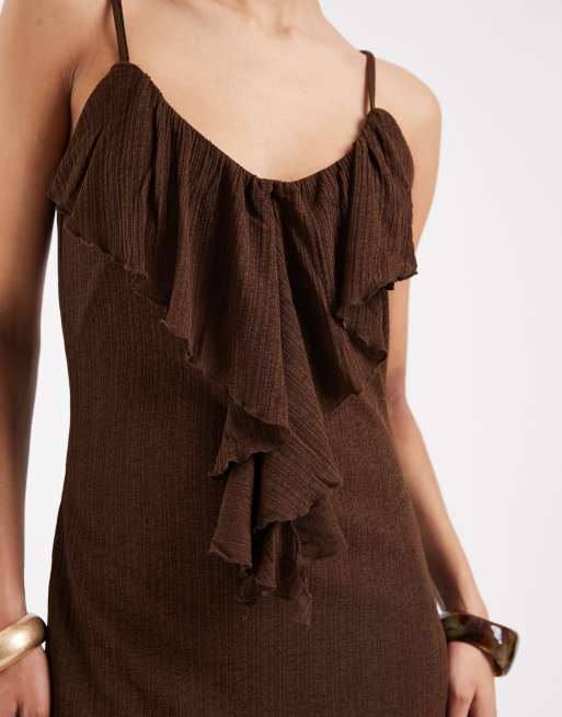 Vero Moda frill trim cami midi dress in chocolate brown, 3 of 4