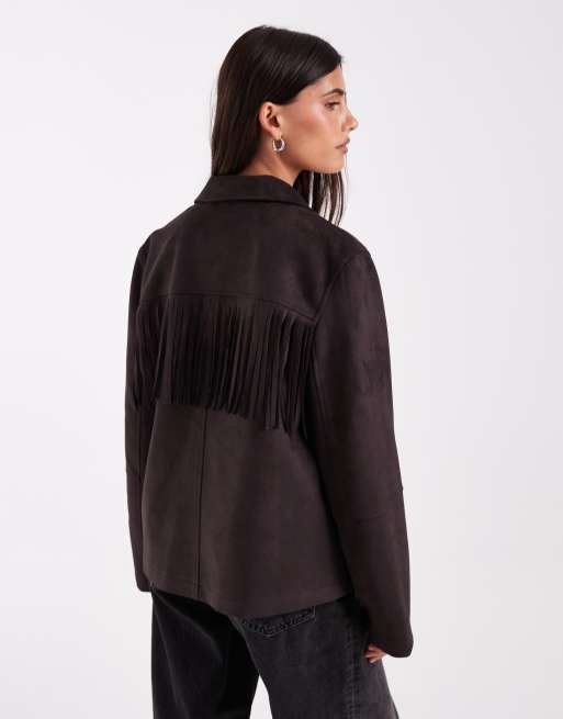 Vero Moda fringe detail faux suede jacket in chocolate brown, 4 of 4