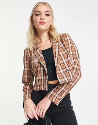 FRSH cropped jacket in tan check-Multi