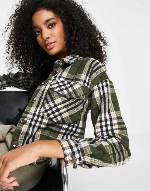 Vero Moda FRSH cropped shacket in khaki check (part of a set), 3 of 4