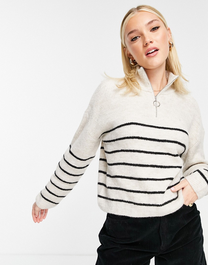 Vero Moda FRSH half zip sweater in cream and black stripe-Multi