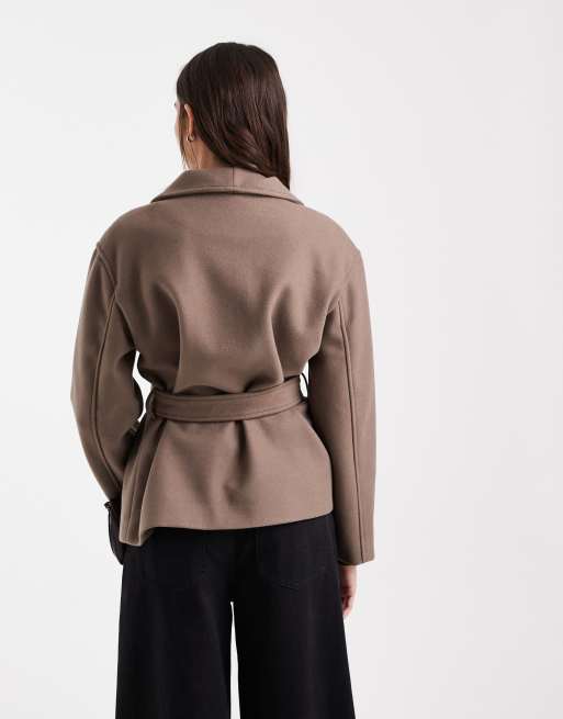 Vero Moda funnel neck belted short formal jacket in chocolate brown, 4 of 4