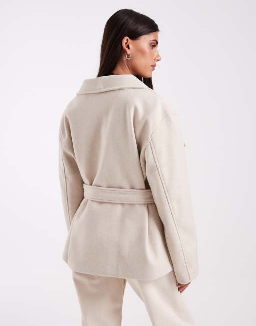 Vero Moda funnel neck belted short formal jacket in cream, 3 of 4