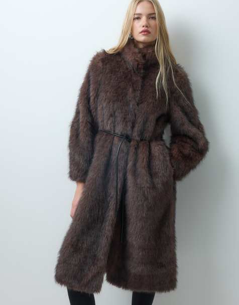 Vero Moda funnel neck faux fur long coat with tie belt in brown - view 1