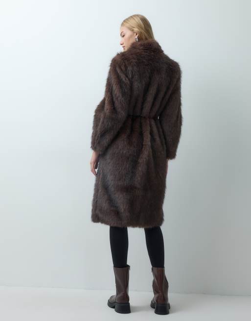 Vero Moda funnel neck faux fur long coat with tie belt in brown, 3 of 4