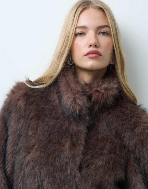 Vero Moda funnel neck faux fur long coat with tie belt in brown, 4 of 4