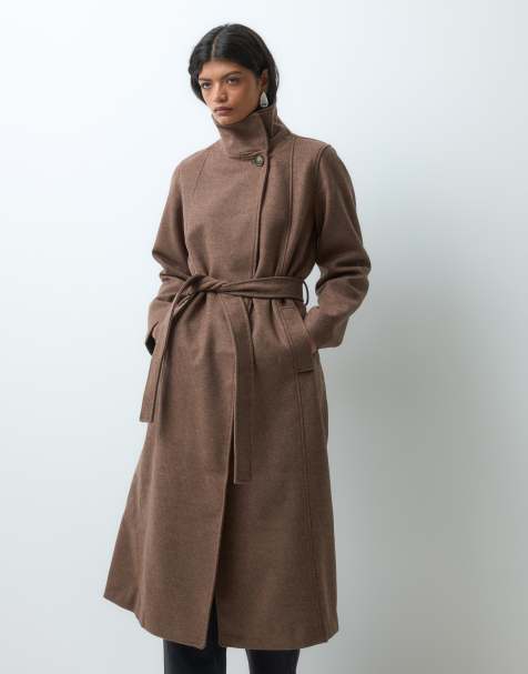 Vero Moda funnel neck long coat with belt detail in light brown - view 1