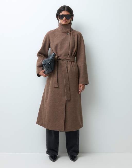 Vero Moda funnel neck long coat with belt detail in light brown, 2 of 5