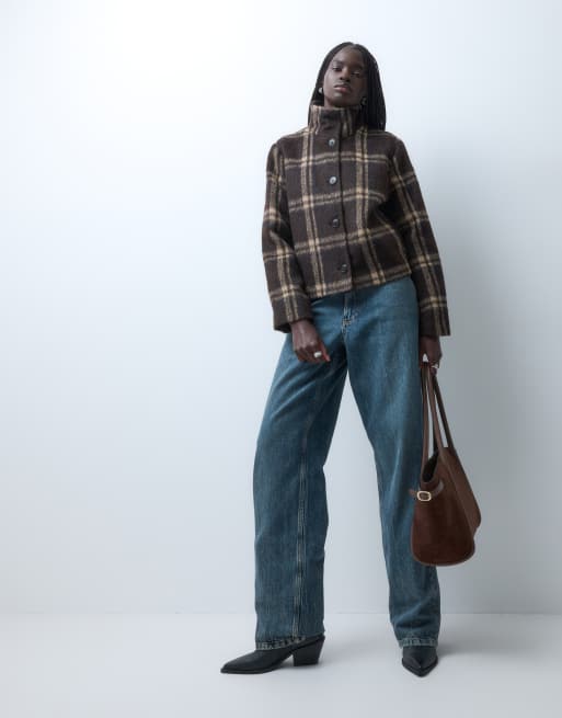 Vero Moda funnel neck short jacket in chocolate brown check, 3 of 4