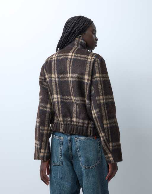 Vero Moda funnel neck short jacket in chocolate brown check, 4 of 4