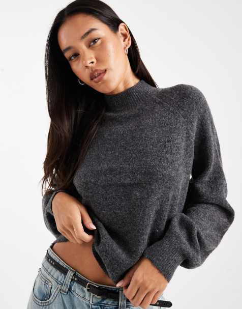 Vero Moda funnel neck volume sleeve jumper in dark grey melange - view 1