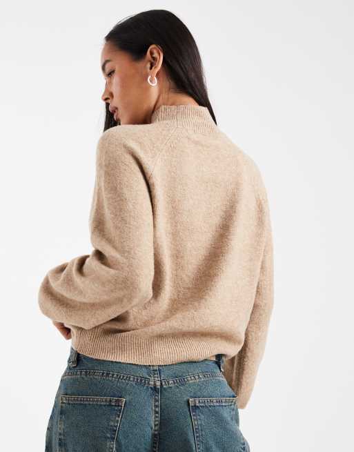 Vero Moda funnel neck volume sleeve jumper in mink melange, 2 of 4