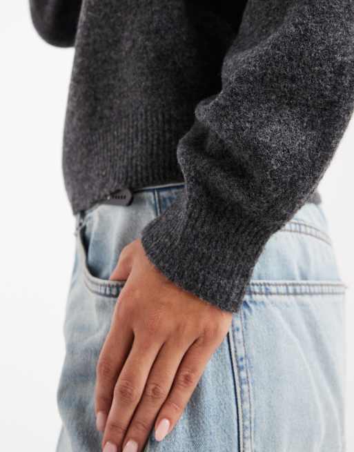 Vero Moda funnel neck volume sleeve sweater in dark gray melange, 3 of 4