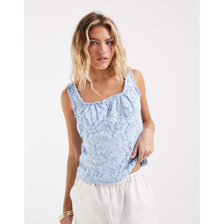Vero Moda gathered neckline lace vest top in light blue | ASOS