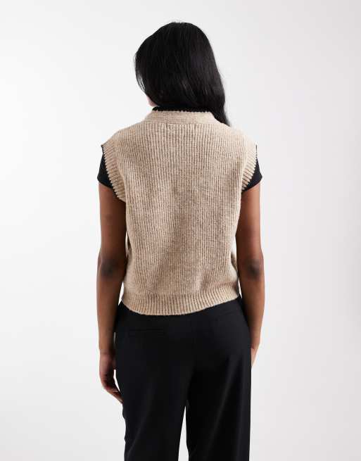 Vero Moda - Gebreid vest met gestrikte hals en zwarte biezen in beige, 4 van 4