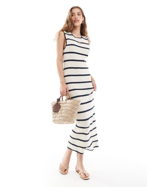 Vero Moda - Gebreide enkellange jurk van jersey in crème en marineblauwe strepen - view 1