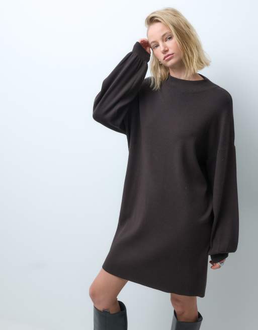 Vero Moda gebreide mini jurk met opstaande boord in chocoladebruin, 2 van 4